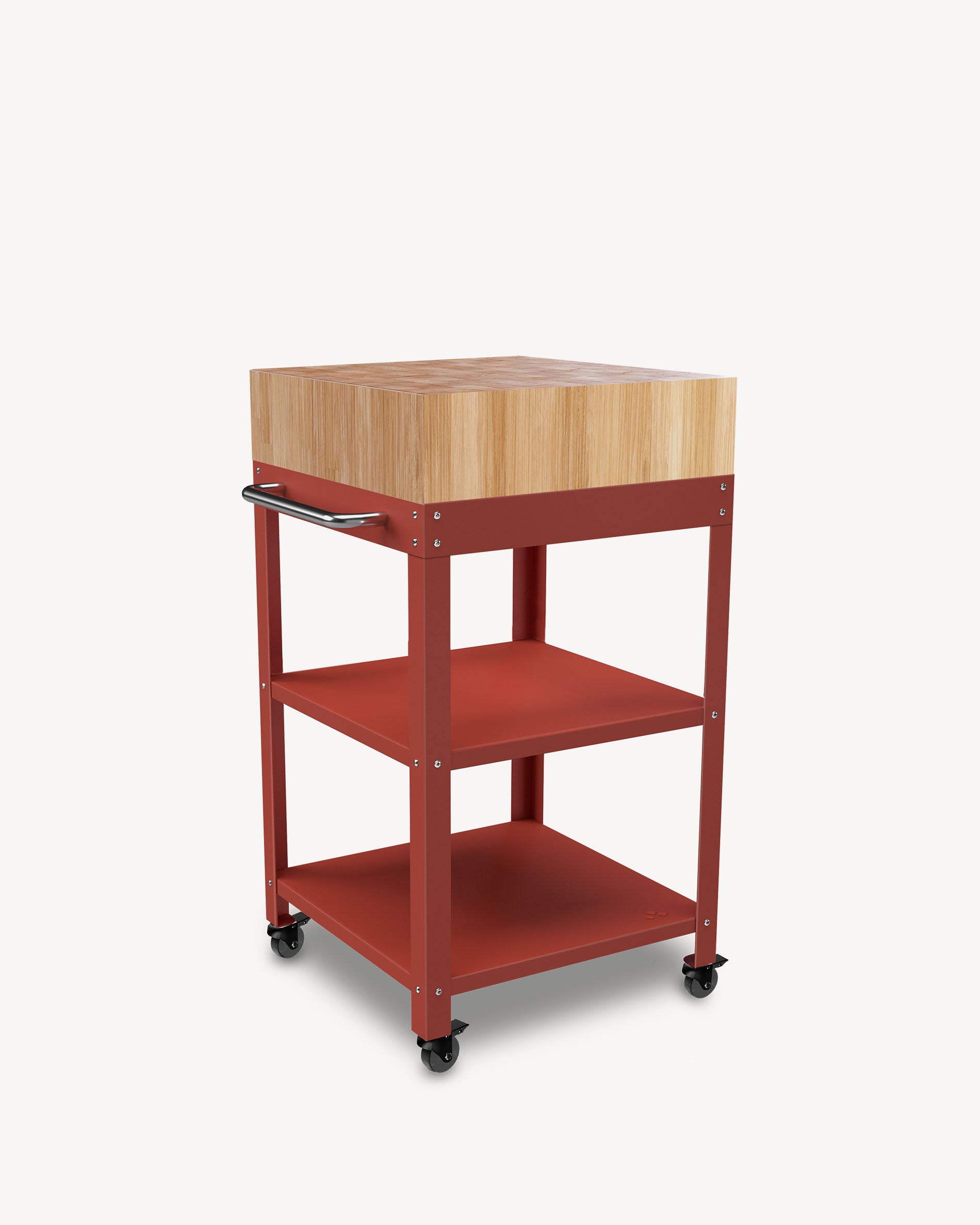 Koraalrood metalen dressoir met slagersblok
