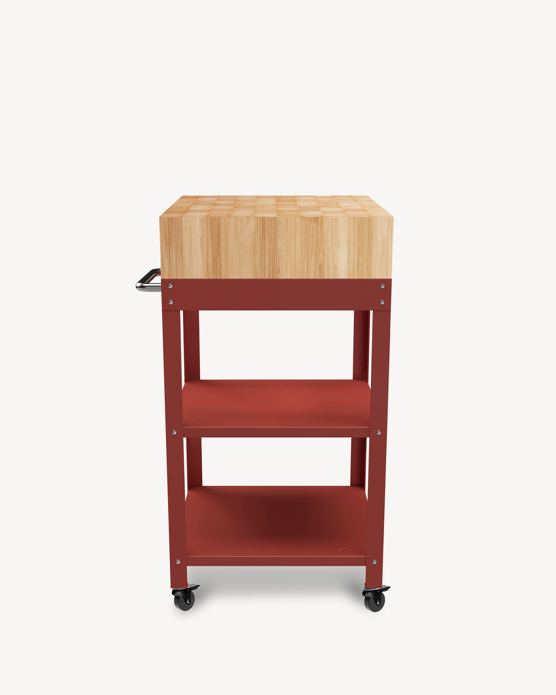 Koraalrood metalen dressoir met slagersblok