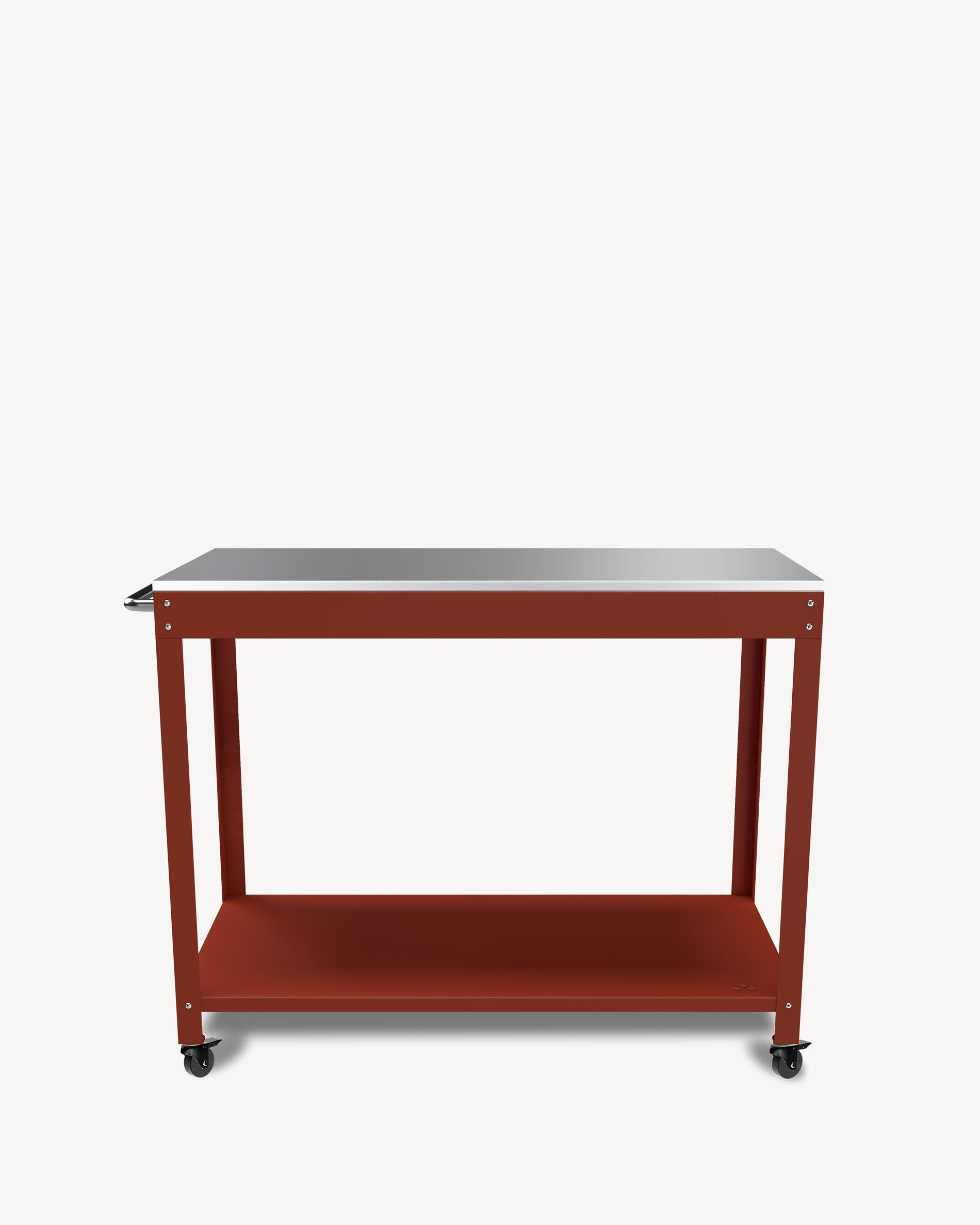 Dressoir van rood metaal en roestvrij staal
