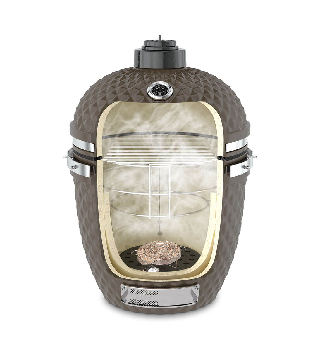 Sección vertical de un kamado Kokko verde oliva con bobina de ahumado en frío