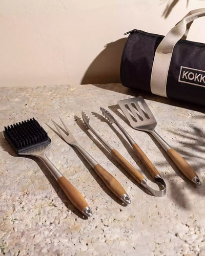 Lot de 4 ustensiles en inox et acacia