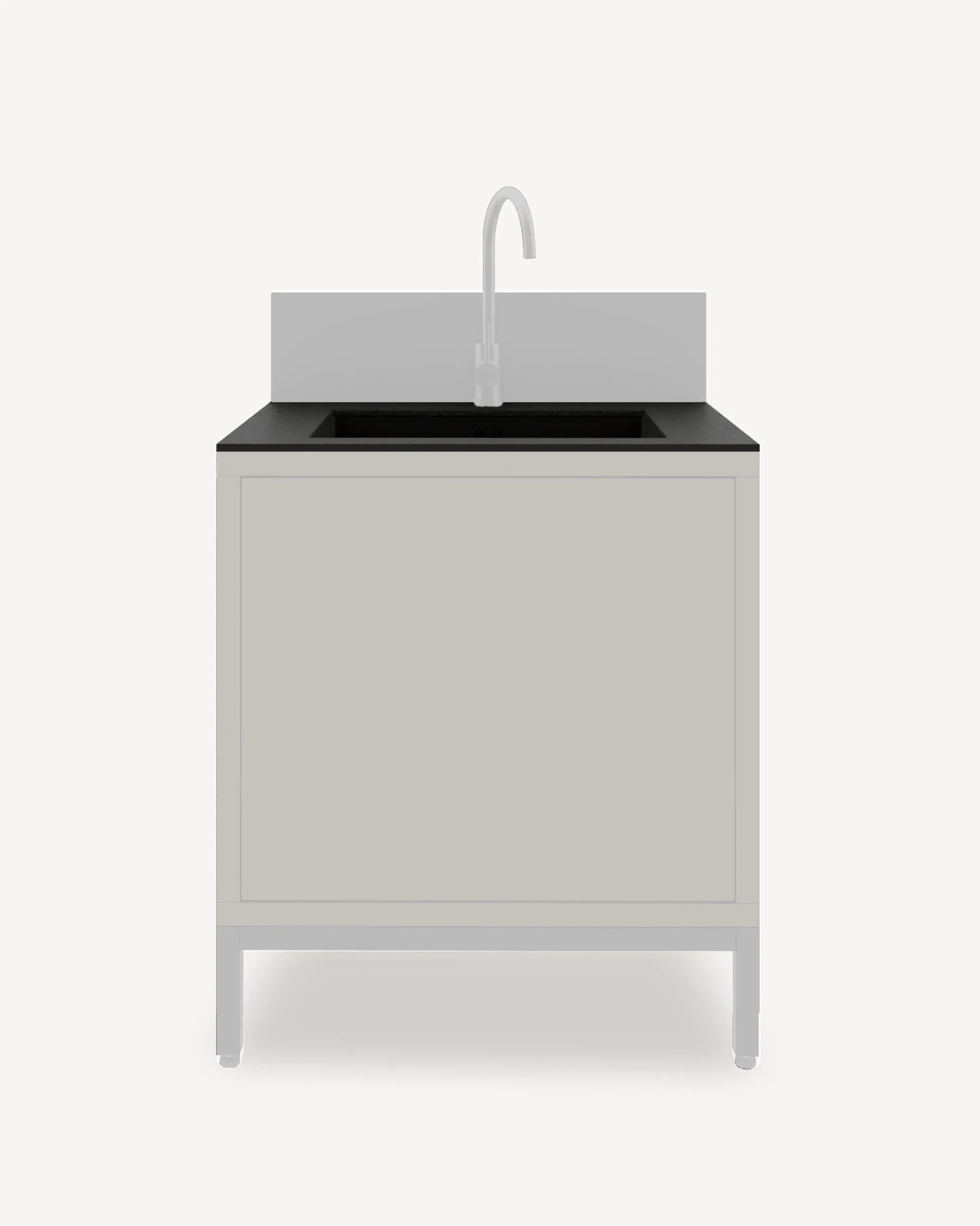 Caisson PILOTIS module Évier avec plateau noir, façade grise et robinet, packshot fond blanc