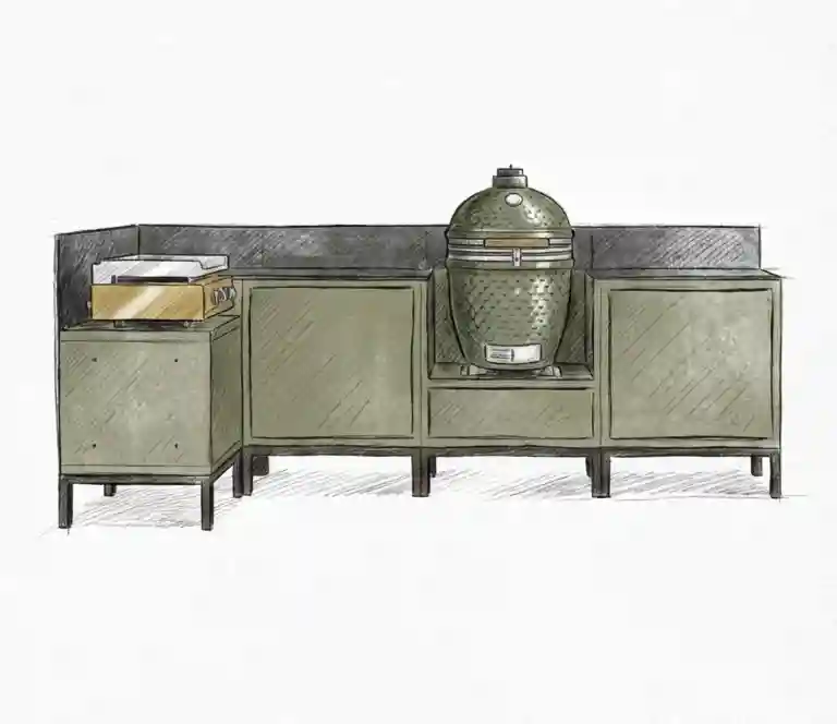 Croquis cuisine extérieure Kokko Pilotis olive avec plancha et kamado intégré