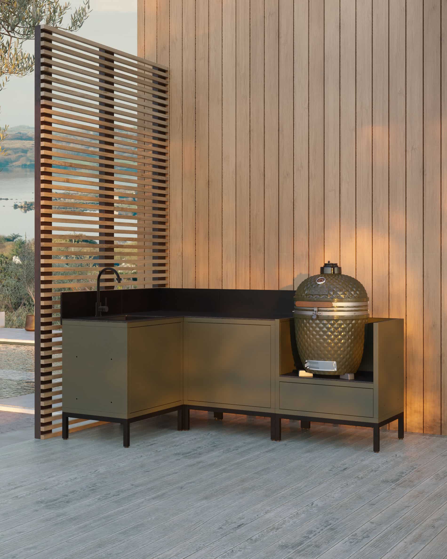 Cuisine d’extérieur PILOTIS – 4 modules, évier inox & module d’angle pour Kokko