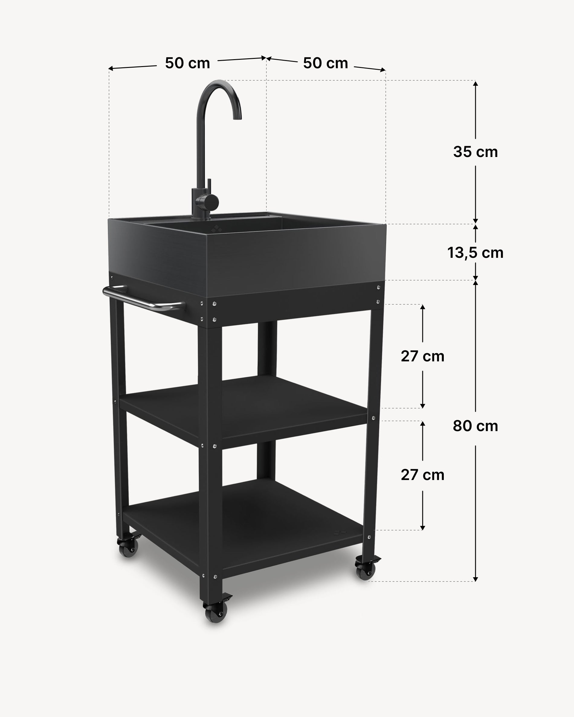 Dimensions desserte métal 50x50 avec évier en inox noir