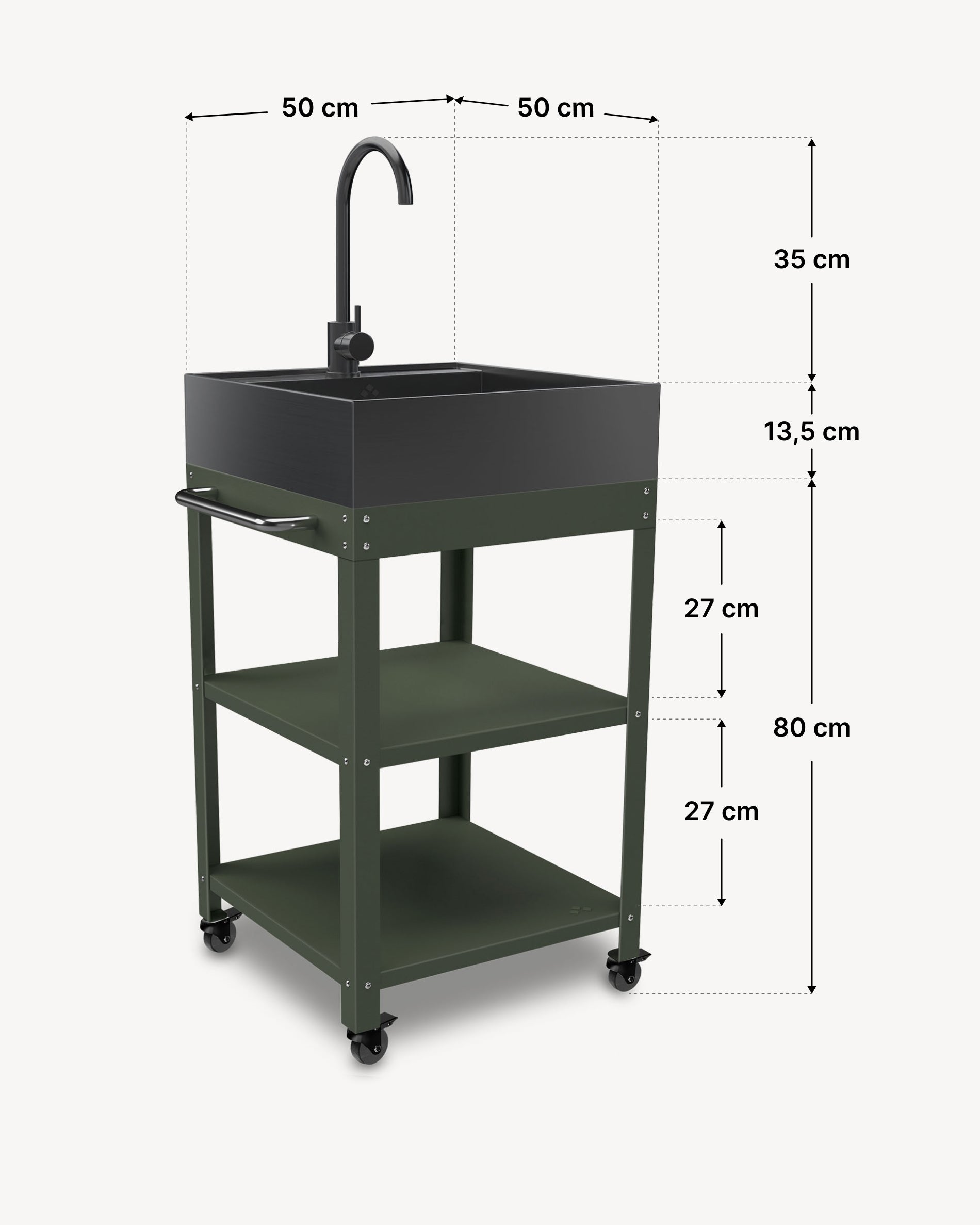 Dimensions desserte métal 50x50 avec évier en inox noir