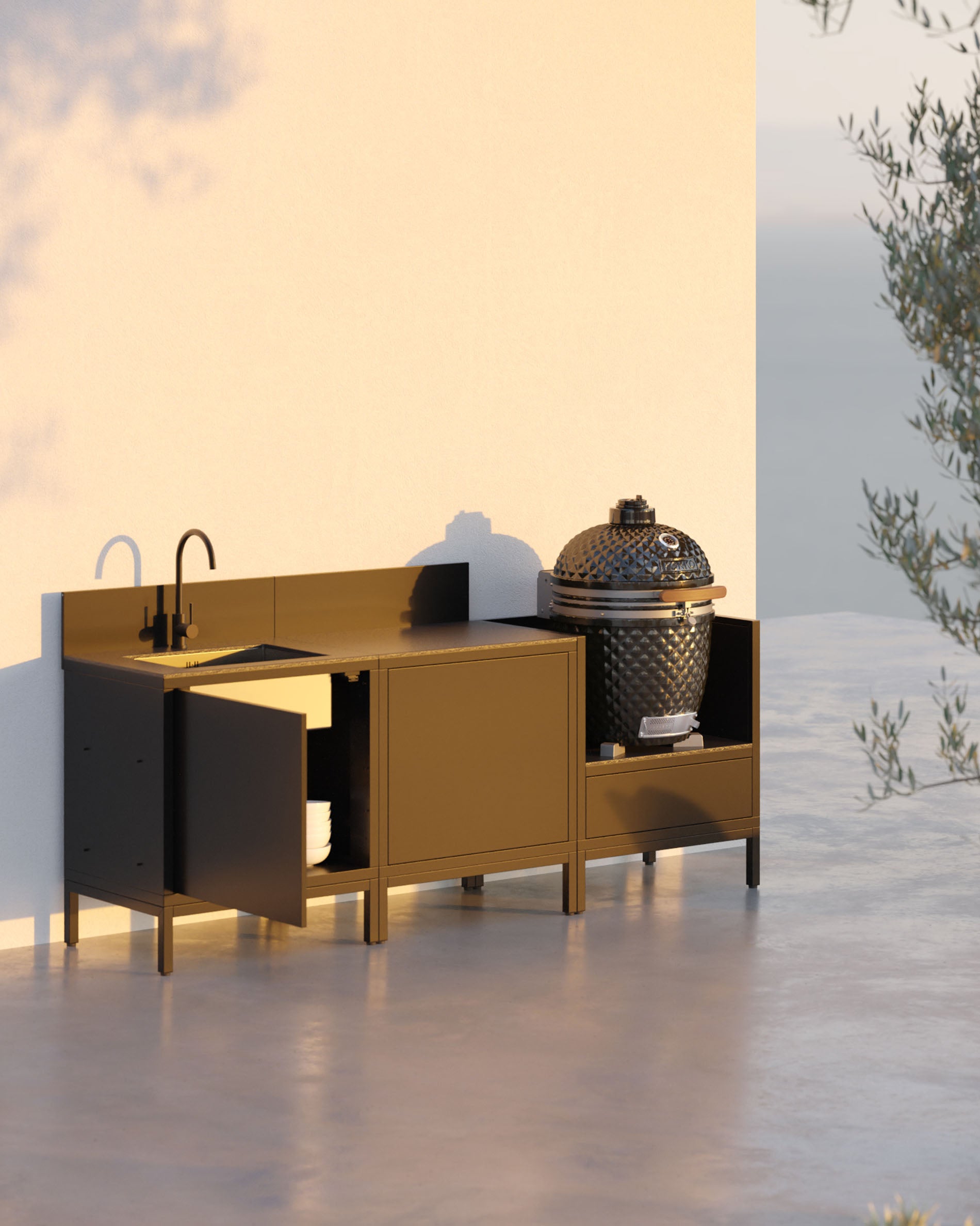 Outdoor-Küche PILOTIS - 3 Module mit Spüle für Kokko