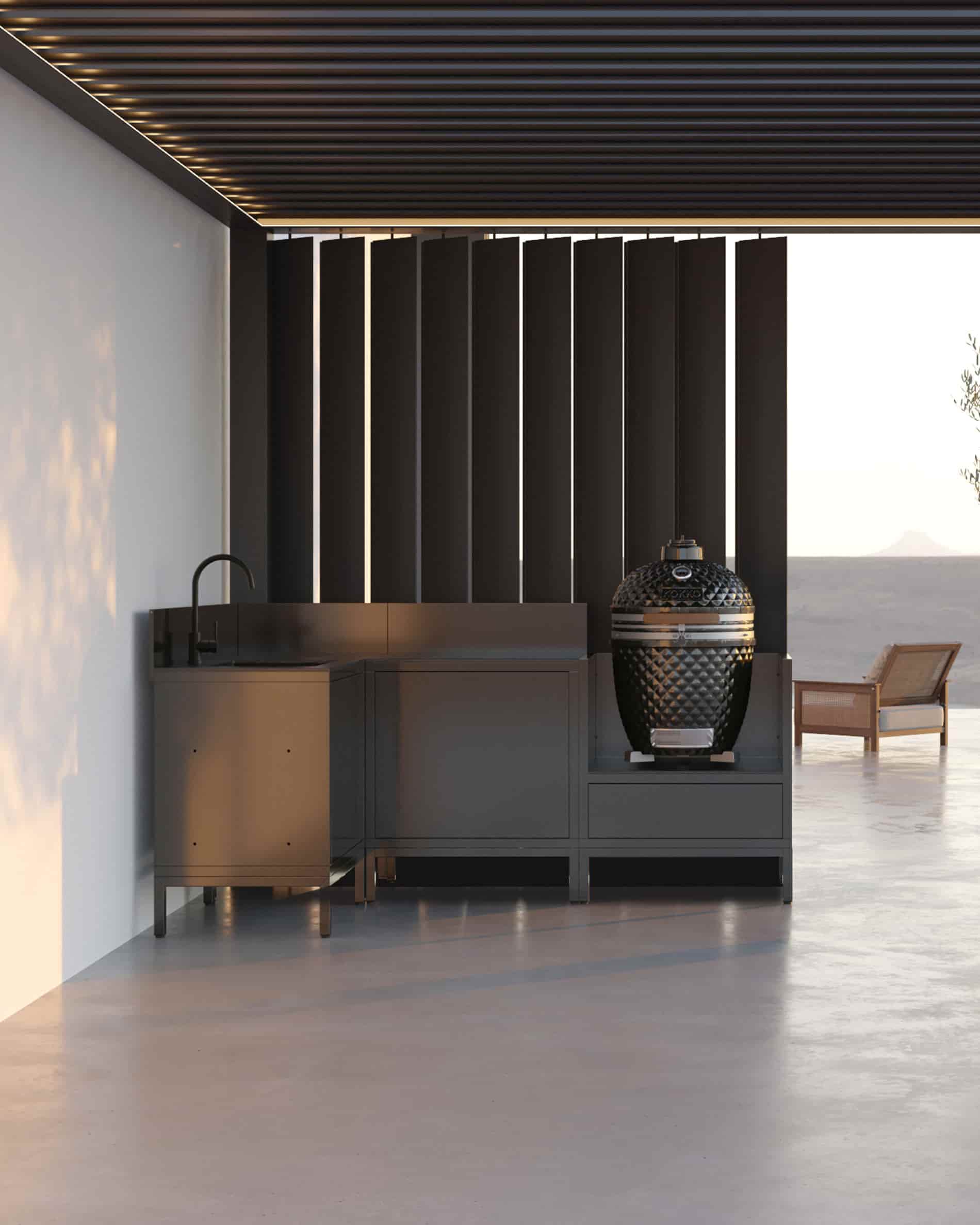 Outdoor-Küche PILOTIS - 4 Module, Edelstahl-Spüle & Eckmodul für Kokko