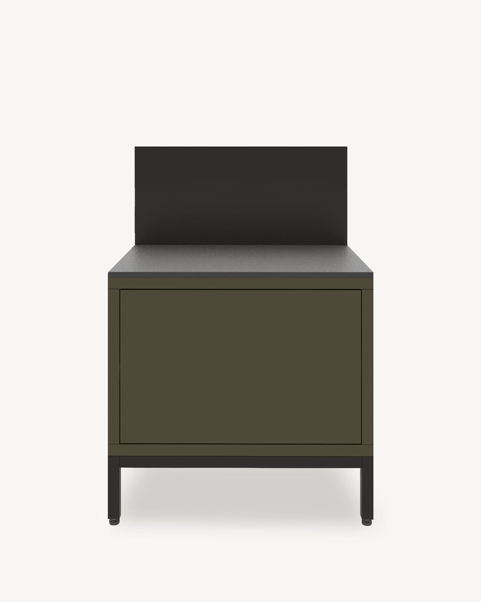 Kitchen module on stilts for plancha grill, olive green front, closed storage, integrated worktop and splashback.